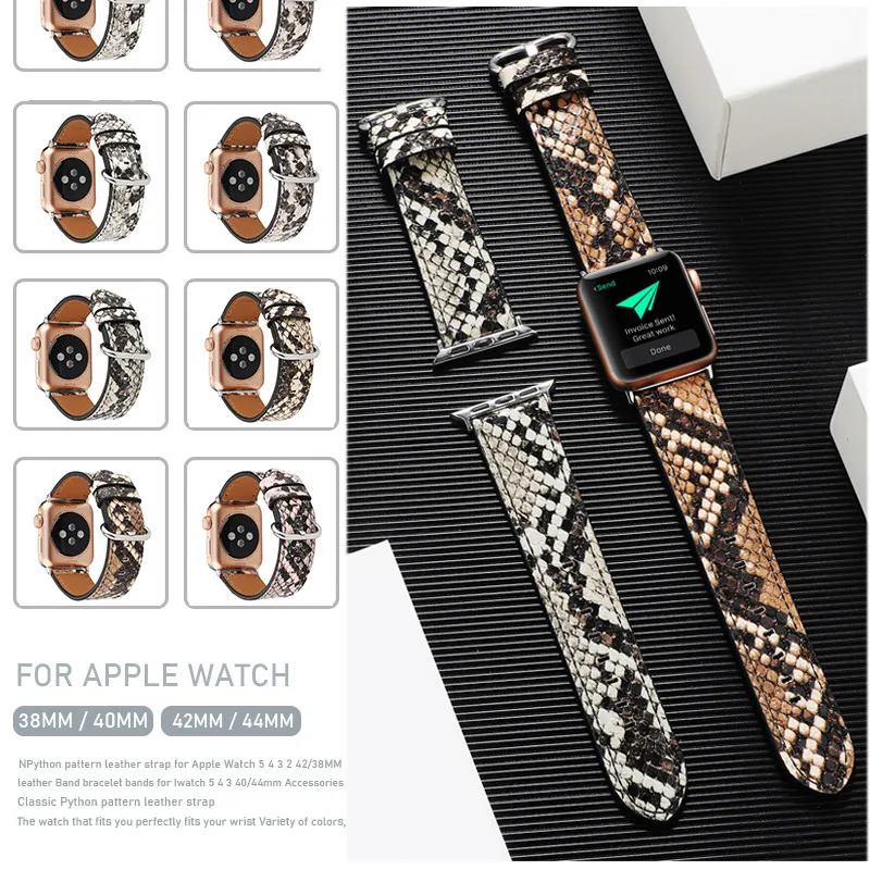 

Leather Watchband for Apple Watch Series 44mm 40mm 6 se Strap Snake Pattern Bracelet for iwatch Band 5 4 3 42mm 38mm Accessories