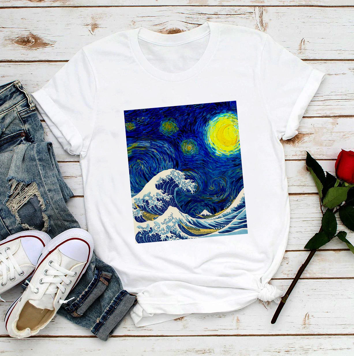 Женская футболка с надписью The Great Wave off Kanagawa от Katsushika Hokusai mix звездная ночь Ван Гог