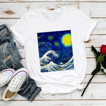 

The Great Wave off Kanagawa from Katsushika Hokusai mix Starry Night van Gogh t shirt women new white casual femme girl tshirt
