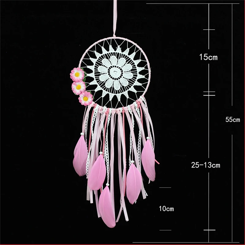 Lace Pink Feather Dream Catchers Round Metal Ring Circle Handmade Indian Style Bedroom Home Decorations Hanging Decors MS6996