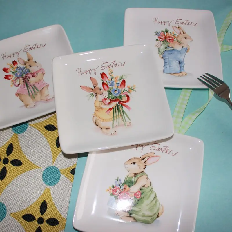 Tableware plates ceramic for kids cake plate quadrate dinner cartoon rabbit Dessert Fruit Plate limited | Дом и сад