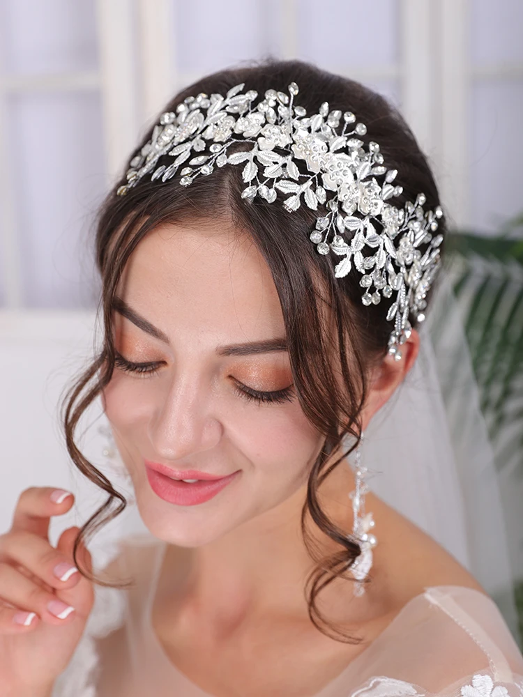 Vintage Silver Wedding Headdress Rhinestone Luxury Headband Handmade Women Hair Ornaments Tiara Wedding Hair Accessories