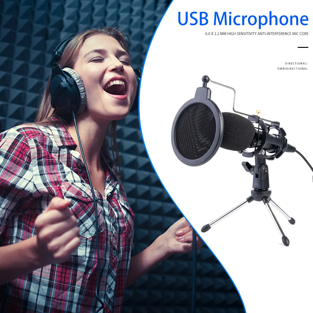 USB Microphone Wired Condenser Studio Karaoke Mic Omnidirectional with Stand Clip for PC | Электроника