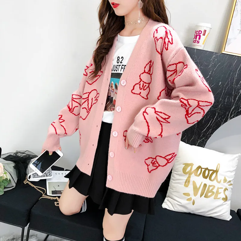 H. SA женский зимний розовый свитер и кардиганы с длинным рукавом V шеи кролик мультфильм вязаная куртка, пальто корейский стиль женский кардиган
