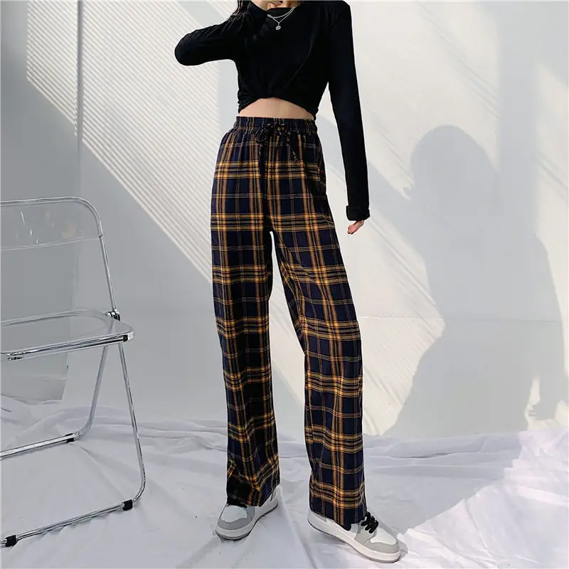 

S-4XL Baggy Pants Women Fall Winter Y2k Plaid Trousers New Loose High Waist Drape Straight Casual Wide-leg Pants Female