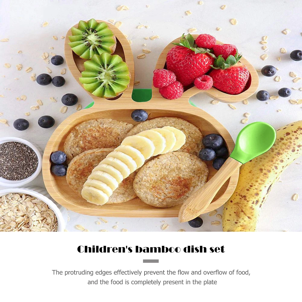 Wooden Baby Food Dishes Plate Cartoon Rabbit Kids Feeding Eating Bowl Spoon Set Children Tableware Dinnerware Fruit Tray | Дом и сад
