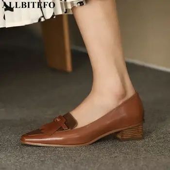 

ALLBITEFO fashion tassel genuine leather+Horse hair thick heels office ladies shoes high heels party women shoes women heels