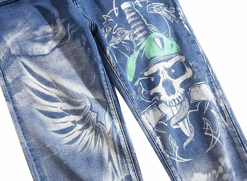 Mcikkny Men's Fashion Hip Hop Jean 3D Skull Printed Denim Trousers Male Streetwear Pants Stretch  (3)
