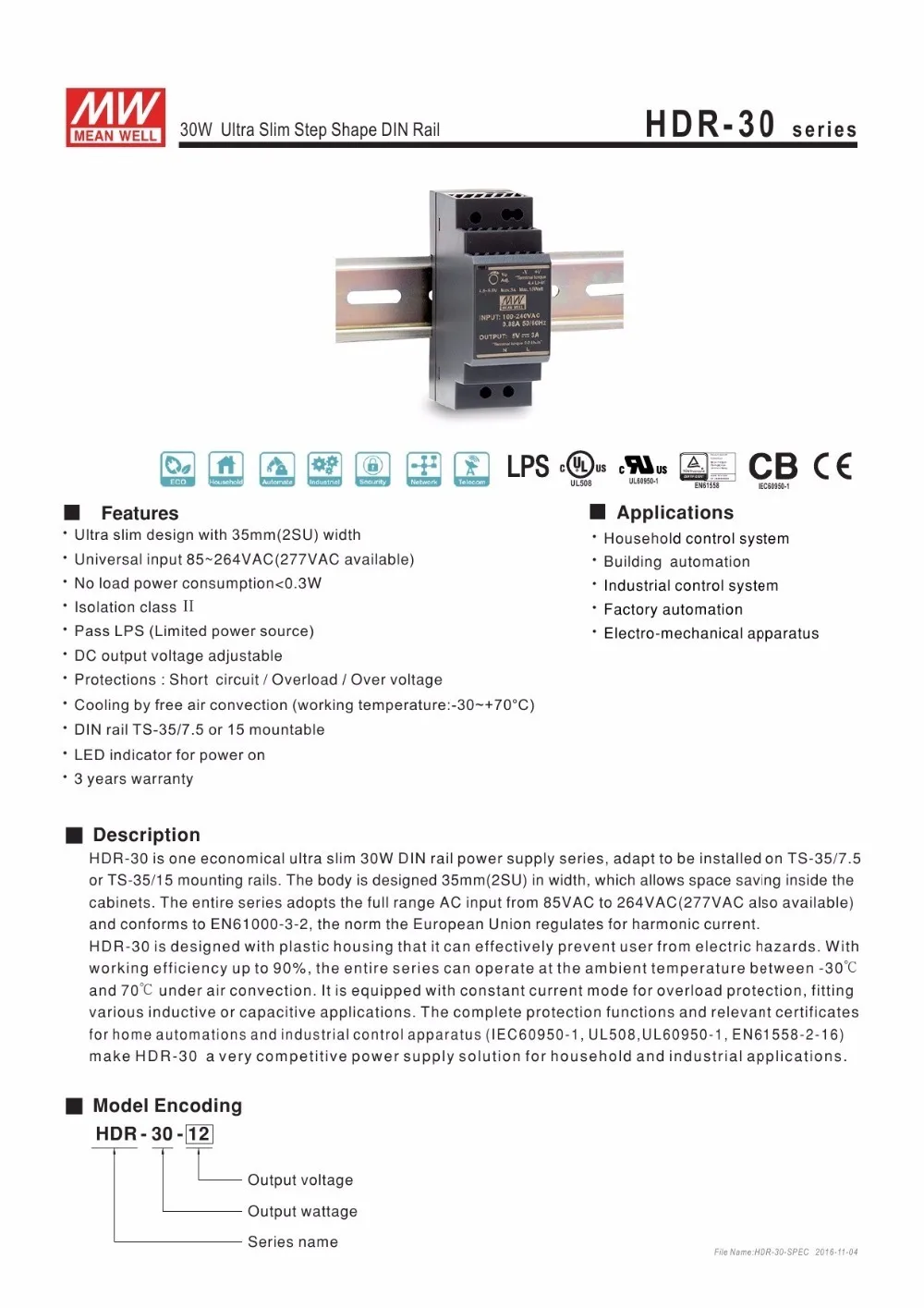 Meanwell Din Rail один Выход переключение Питание HDR MDR 10/15/20/30/40/60w промышленный трансформатор 12V 24V светодиодный драйвер