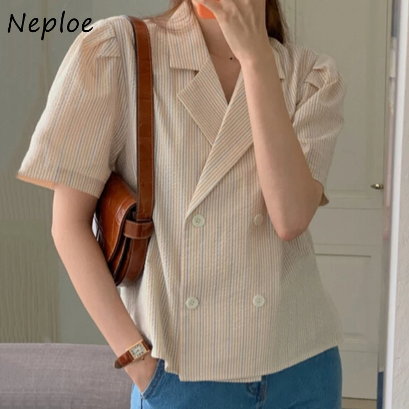 Neploe-Blusa de estilo de trabajo rayas para mujer, holgada de manga corta con cuello vuelto doble pecho para verano, 2021 _ - AliExpress Mobile