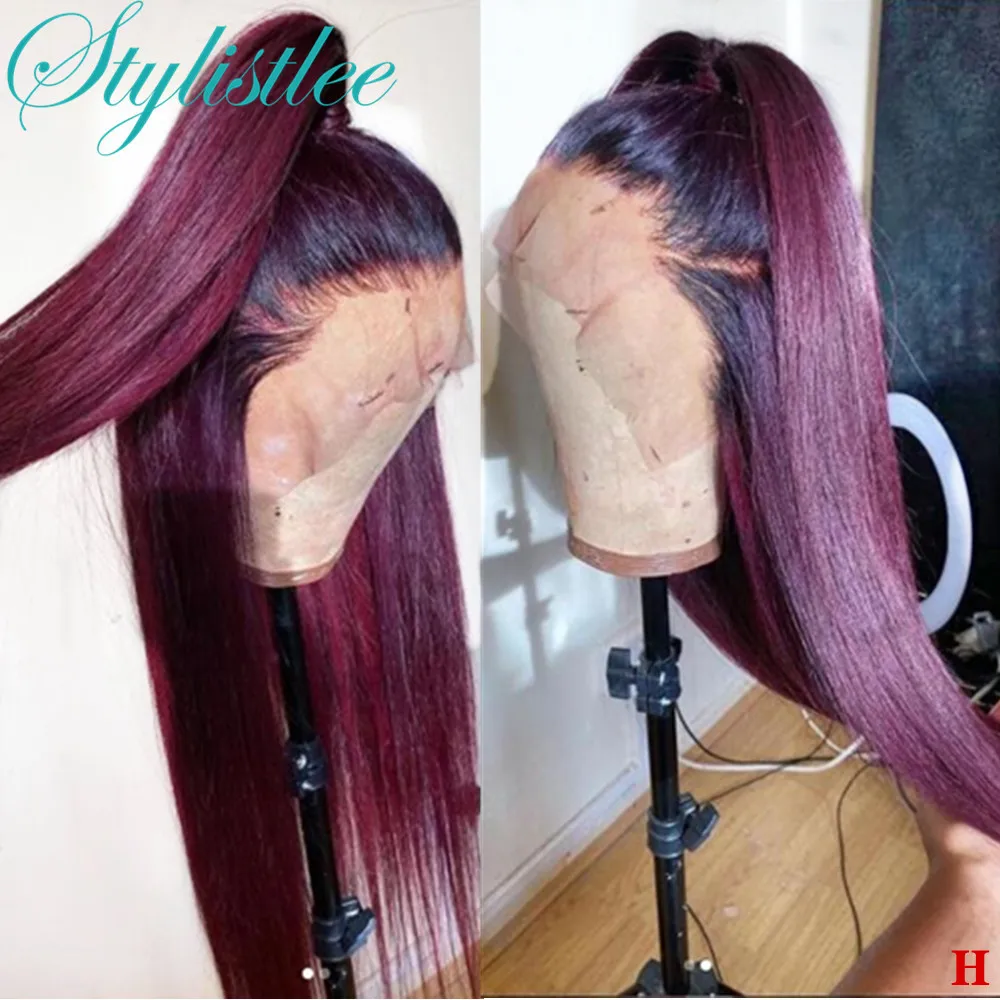 1b99j Burgundy Lace Front Wig Human Hair 13X1 Frontal Preplucked Straight Ombre Dark Wine Red Wigs For Women | Шиньоны и парики