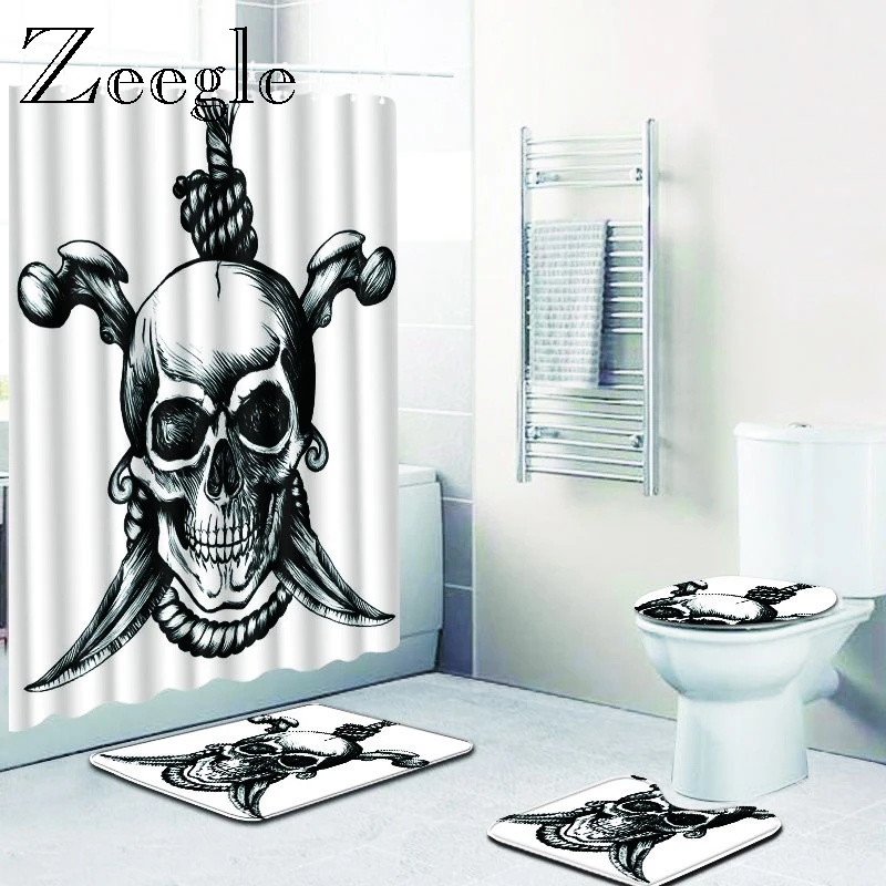 Zeegle Halloween Mat for Toilet Bathroom Mat Set with Shower Curtain Washable Toilet Seat Cover Mat Anti-slip Bathroom Foot Mat