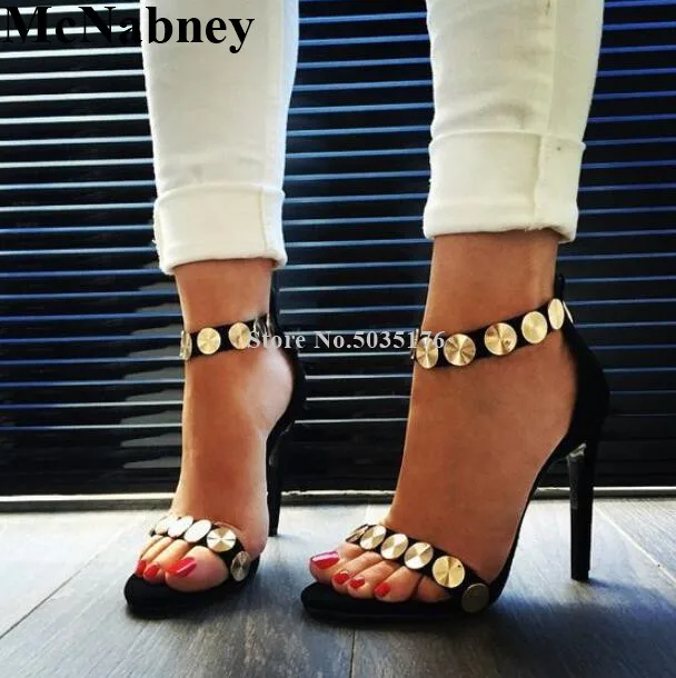 

McNabney Women Sandals Summer Round Metal Ankle Strap Stiletto Heel Zip Solid Ladies sandals High Heel Peep Toe Women's Shoes