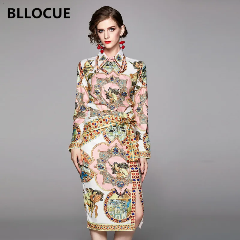 

BLLOCUE Runway Fashion Autumn Luxury Suit Women Vintage Print Long Sleeve Shirt Top+Bow Lace-up Split Midi Skirt 2 Piece Set