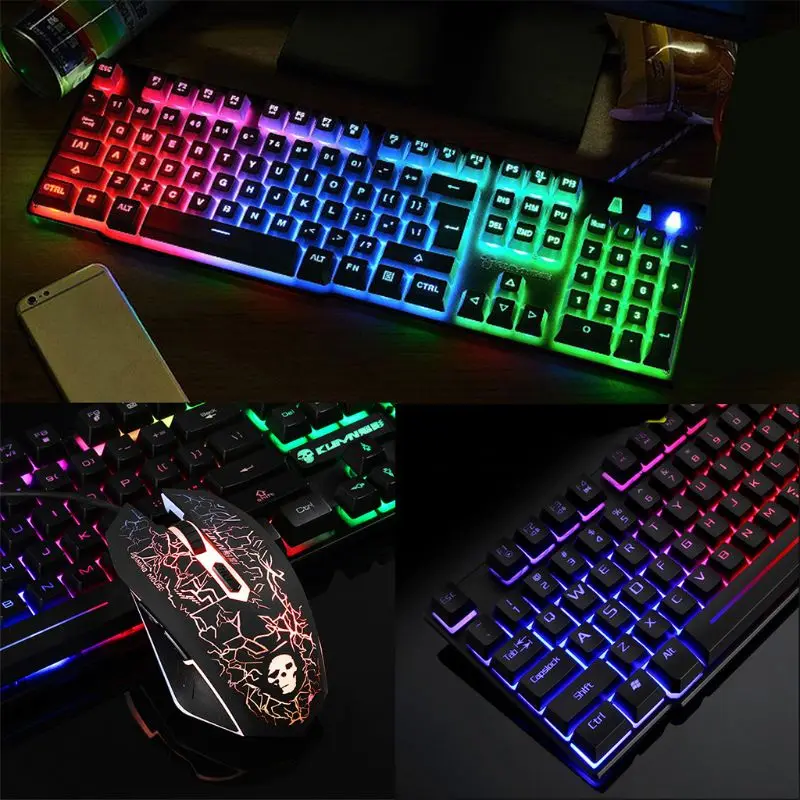 T6 Радужный светодиодный мультимедийный Эргономичный USB Проводная игровая клавиатура и коврик для мыши для ПК, ноутбука, компьютера, пользователей, геймеров