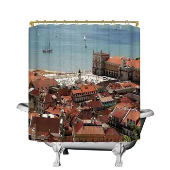 

Cityscape Useful Shower Curtain,View of Central Lisbon Portugal with Rooftops and Sea Old Town Nostalgic City Deco for Living