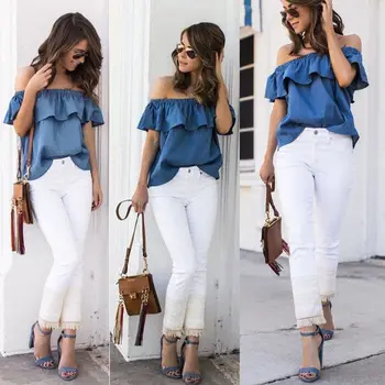 

Women's Off Shoulder Ruffled Tops Summer Casual Sexy Shirt Summer Denim Tee Shirt Chiffon Blouse