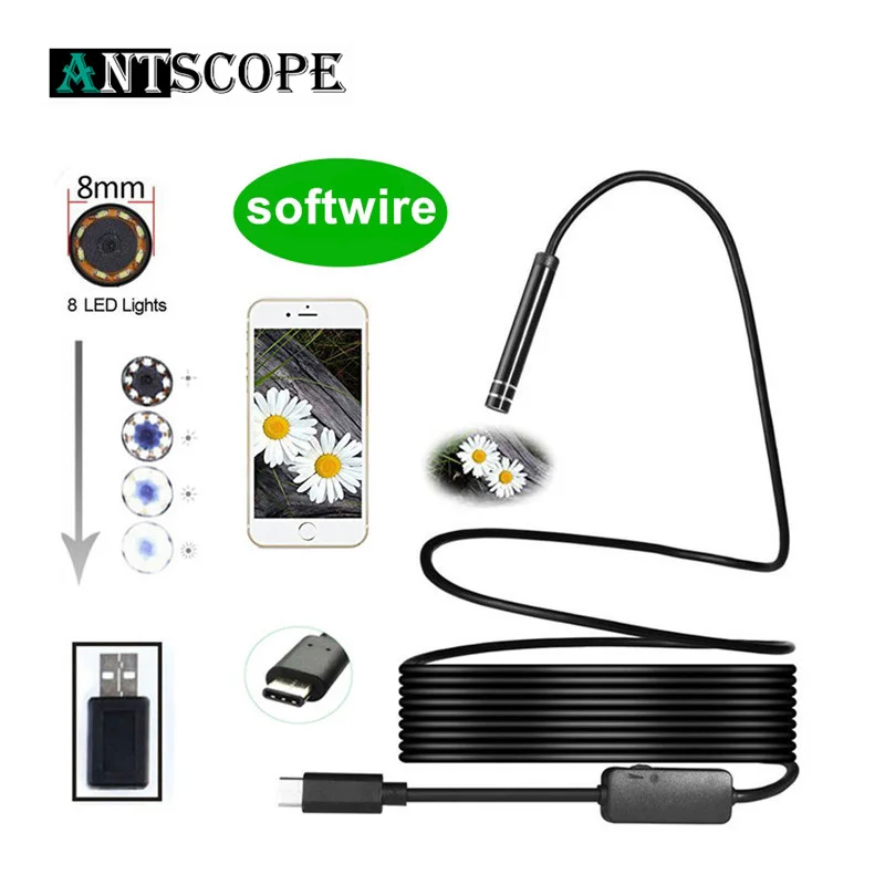 Antscope 8 мм объектив тип c USB эндоскоп камера осмотр 1 м Softwire канализационная змея