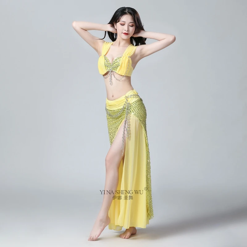 Yellow Взрослые костюмы для танца живота комплект из 2 предметов(бюстгальтер для танца живота+ юбки) Танцевальные Костюмы Болливуда вечерние костюмы для выступлений Восточная одежда для танца живота - Цвет: Yellow