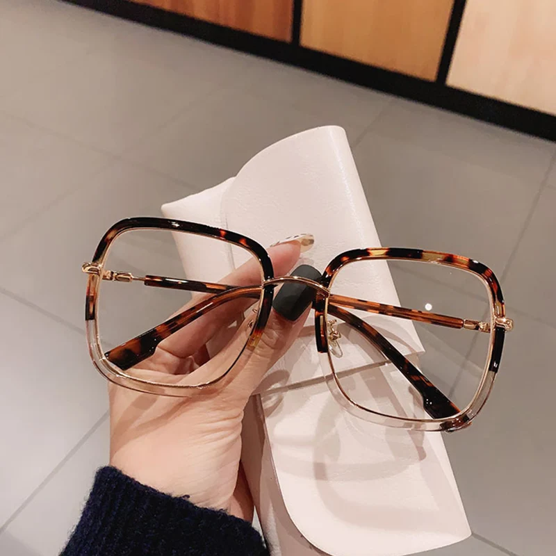 Elegant Clear Green Leopard Blue Filter Eyeglasses Frame Women Overszied Square Reading Glasses Presbyopic Events Plus +1 +2 +6 2