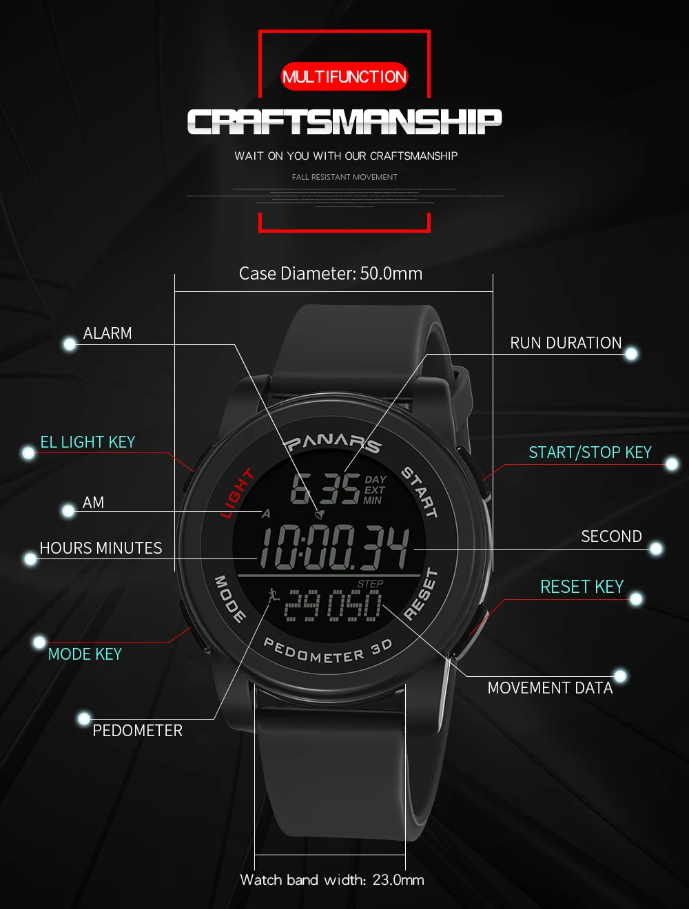 PANARS Mens Digital Watches Men's Sport Watch Dual Time Pedometer Alarm Clock 50M Waterproof Military Multifunction Reloj Hombre