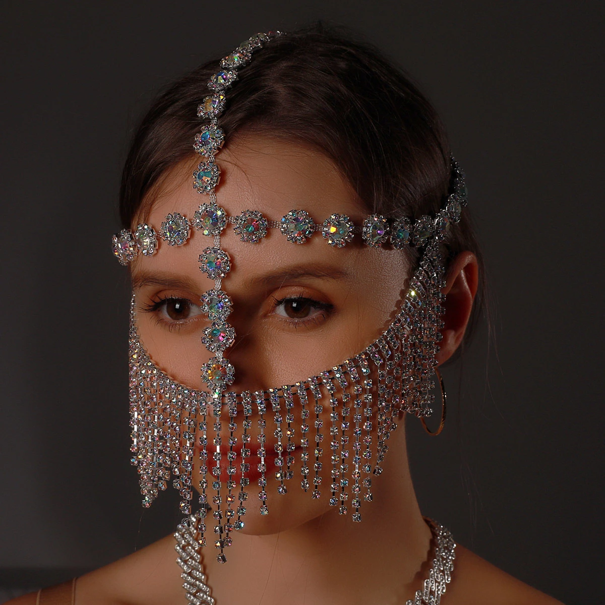 Crystal Tassel Veil Face Mask Rhinestone Chain Dance Party