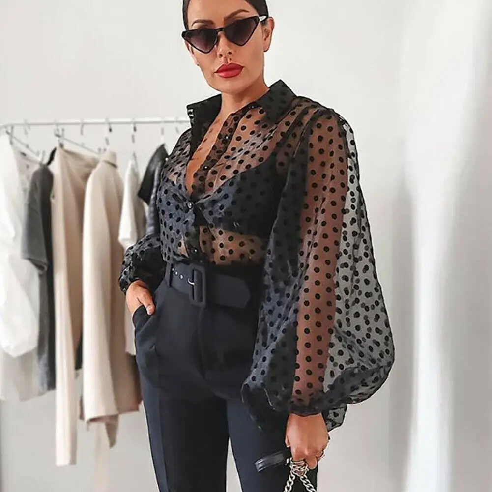 Women Polka Dot Retro Blouse Lady Early Autumn Modern Mesh Shirt Vogue See-through Loose Button Puff Sleeve Blouse High Street Women Polka Dot Retro Blouse Lady Early Autumn Modern Mesh Shirt Vogue See-through Loose Button Puff Sleeve Blouse High Street