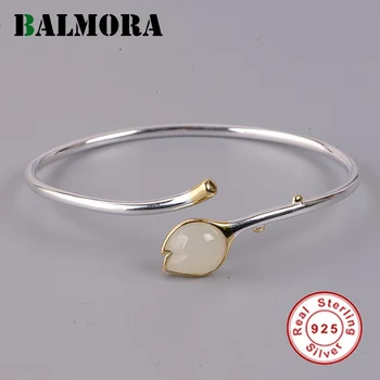 

BALMORA 925 Real Silver Tulip opening Bracelet Open Bangles for Women Girls Gifts Elegant Fashion Party Jewelry Stone Inlay