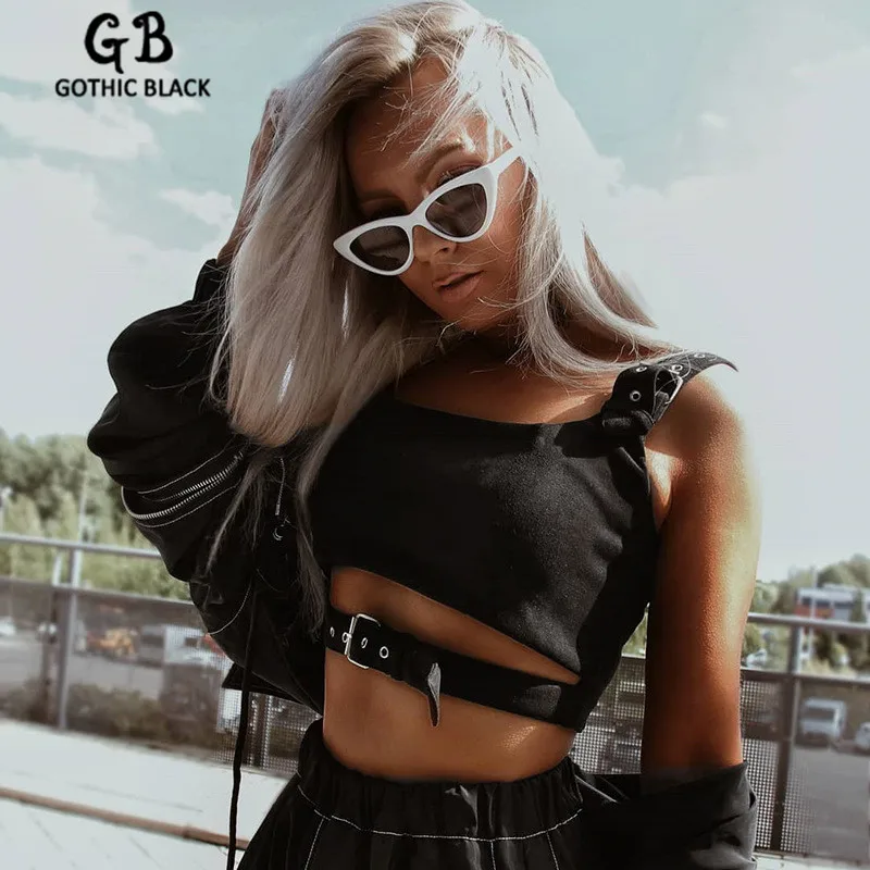 

Gothic Black Sexy Women Off Shoulder Bocycon Metal Button Hollow Out Tank Tops 2020 Summer Goth Female Solid Color Slim Tops