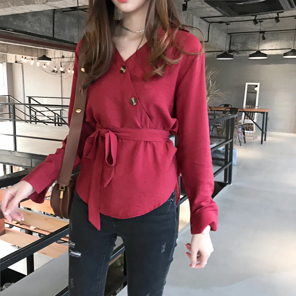 

YYFS Women Blouses 2019 Fashion Long Sleeve Turn Down Collar Office Shirt Chiffon Blouse Shirt Casual Tops v-neck autumn