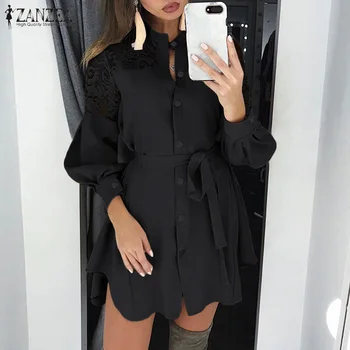 

2020 ZANZEA Spring Solid Long Shirt Dress Fashion Lace Patchwork Party Mini Sundress Women Long Sleeve Belt Short Vestidos Tunic