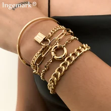 5 pièces/ensemble bohème Punk cubain chaîne Bracelets ensemble pour femmes serrure serpent lien Bracelets porte-bonheur Bracelets Couple mode poignet bijoux