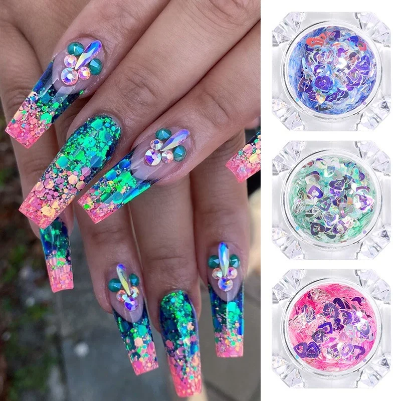 

1g/Box Mix Shape Holographic Fluorescent Luminous Nail Art Glitter Sequins Heart Star Nail Paillette Flakes Powder Nail Glitter