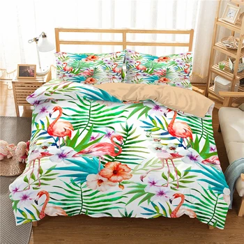 

Flamingo Bedding Set Tropical Plant Floral Microfiber Duvet Cover Pillowcase Family Bed Linen Set 2/3Pcs Girls Bed Linen Set