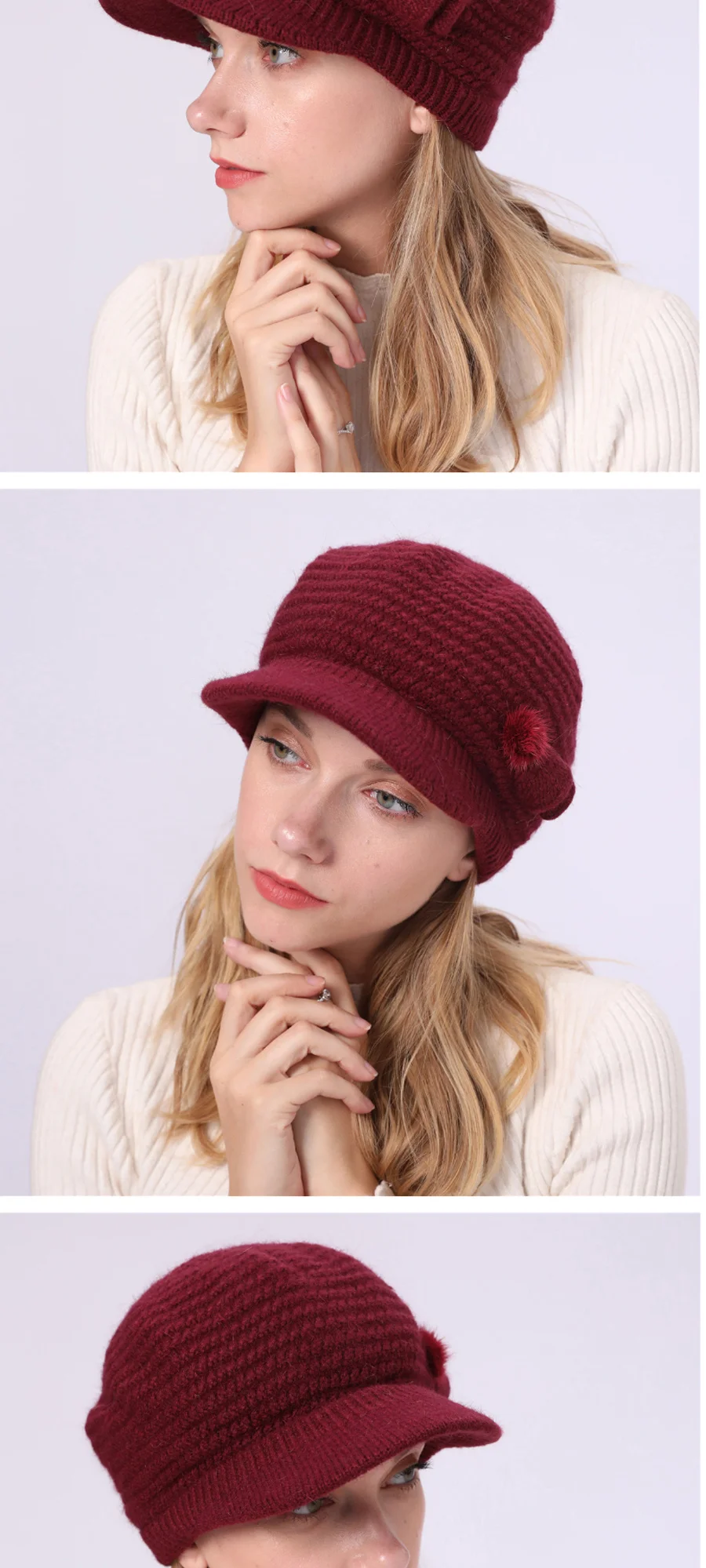 Europe and America ladies autumn and winter beret new solid color knitted hat plus velvet warm rabbit fur cap