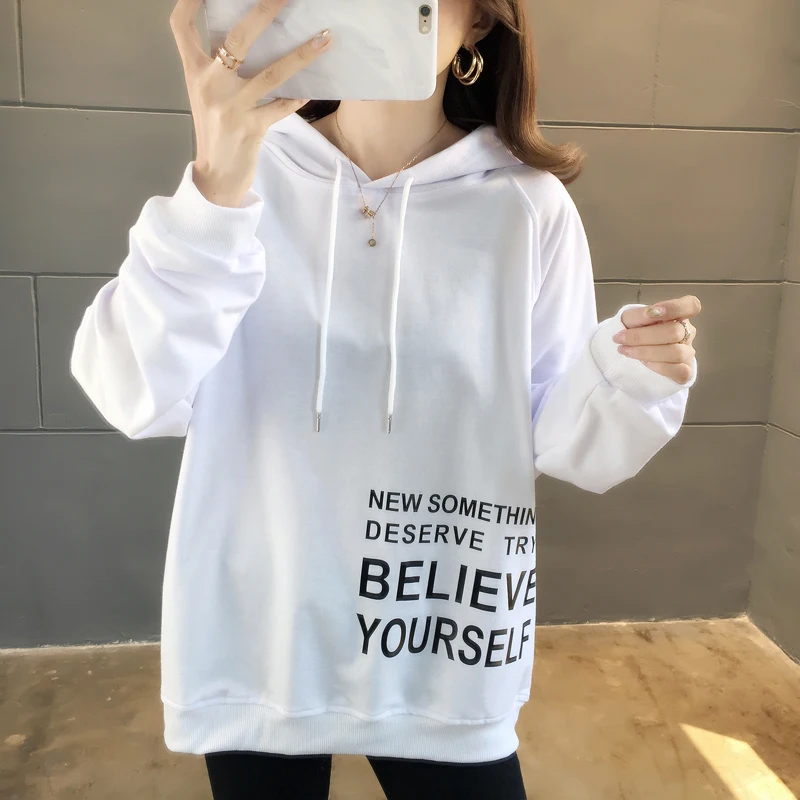

Womens Korean Long Sleeve Print Letter Hoodie Sweatshirt Solid Hooded Drawstring Pullover Tops Women's Fashion Sweatshirt