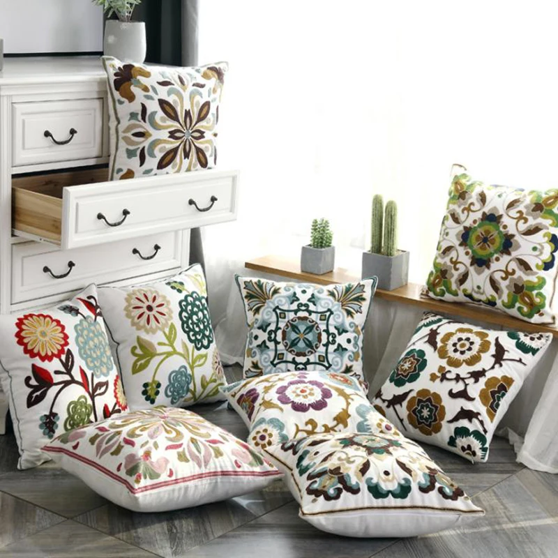 

Home Decoration Cushion Cover Ethnic Style Canvas Square Embroidery Pillow Cover 45x45cm for Sofa Bed