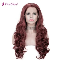 Pinkshow синтетический парик на кружеве темно-красный парик на кружеве для женщин термостойкие волокна длинные волнистые парик косплей
