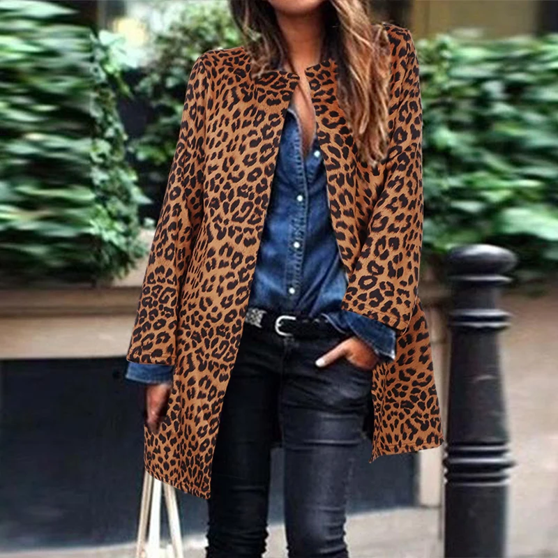 Размера плюс ZANZEA осеннее тонкое пальто женское повседневное с длинным рукавом с леопардовым принтом вечерние верхняя одежда женский кардиган