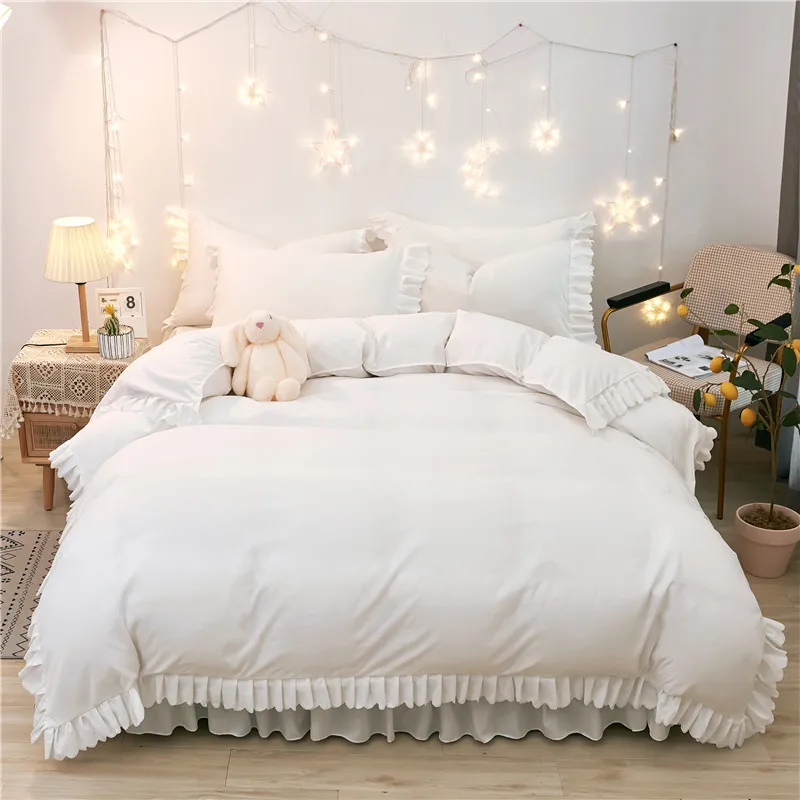 Yaapeet 4pcs Solid Color Bedding Set White Lace Bed Skirt Soft Luxery Flat Sheet Princess Cover Quilt King Queen Size | Дом и сад