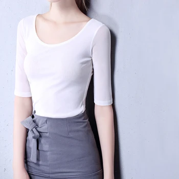 

Women Half Sleeve Round Neck Base Shirts Pure Color Mesh Top Summer