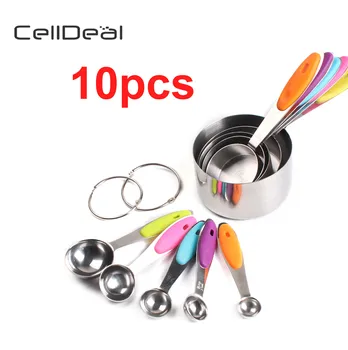 

10pcs Stainless Steel Measuring Cups Spoons Set Kitchen Tool Baking Kit Teaspoon Metal Measuring Scoop with Silicone Handle