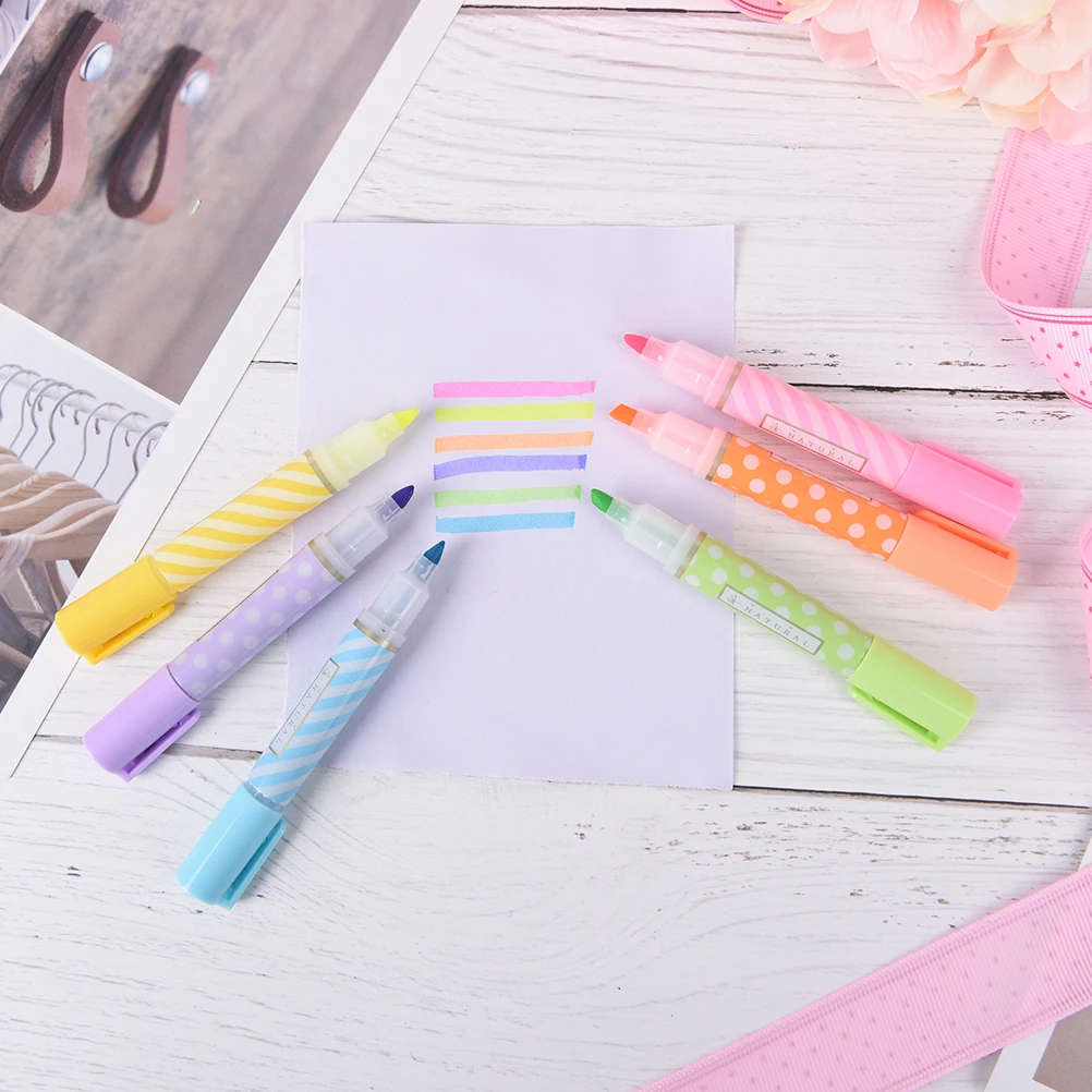 6 Colors/pack Cute Mini Highlighter Pens Kawaii Pen Office Supply & Stationery Gifts for Students Learning Supplies