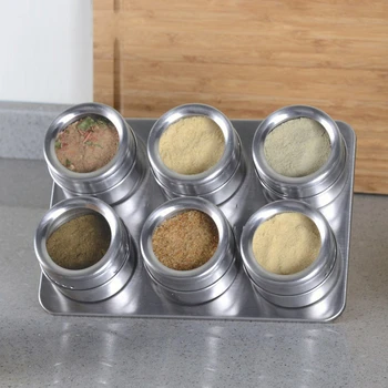 

7pcs/set Kitchen Magnetic Spice Jars With Organizer Holder Rack Visible Stainless Steel Cruet Barbecue Seasoning Tin Containers