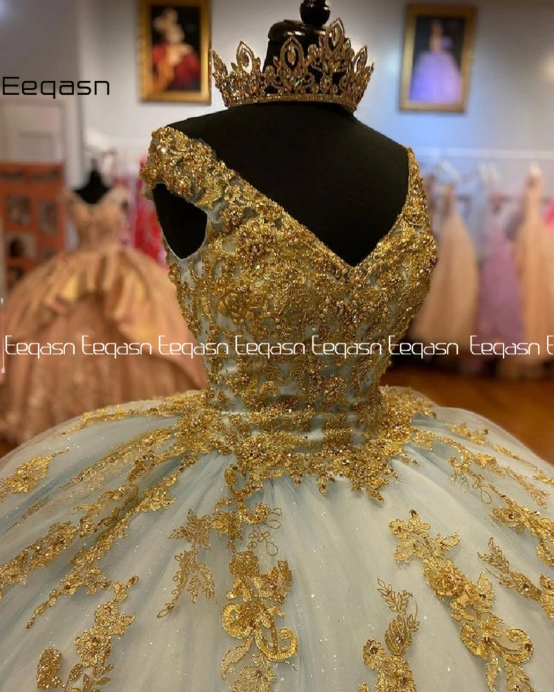 Luxury Princess Ball Gown Quinceanera Dresses Sweet 15 Party Pageant Gold Lace Applique Tulle V Neck Corset Custom Prom Dress images - 6