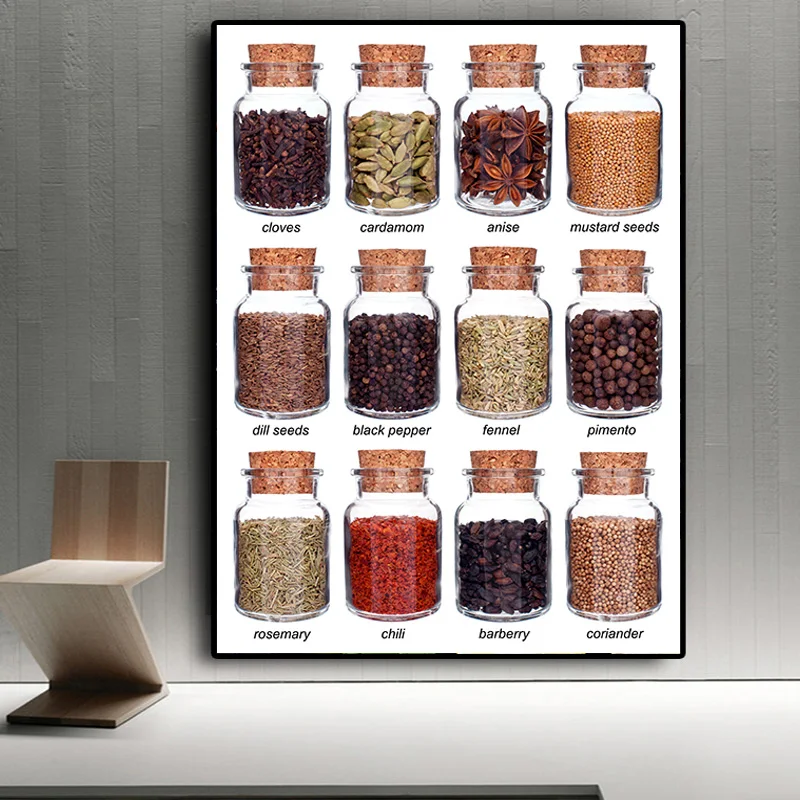 Modern Kitchen Decor Paintings Spices Food Canvas Art Seasoning Glass jar Pictures Restaurant Dinning Room Cook Wall | Дом и сад