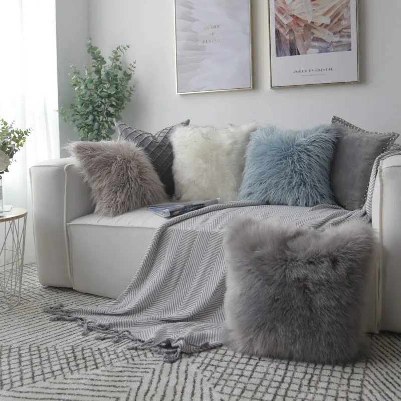 Nordic Plush Pillowcase Wool Faux Fur Cushions Sofa Bed Furry Long Hair Cushion Princess Pillow Home Wedding Decoration 3