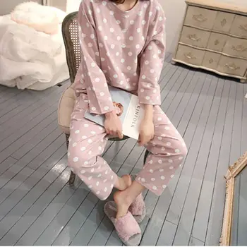 

Women Spring Sleepwear Wave Dot Print Long Sleeved Female Tops + Women's Long Pants Two pieces Sets T