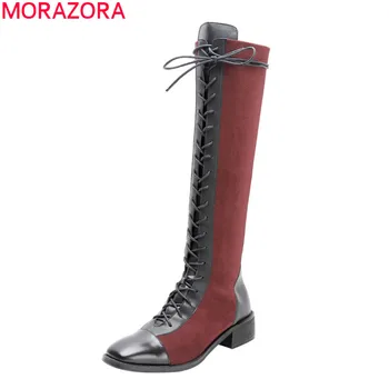 

MORAZORA 2020 winter new brand women boots simple lace up genuine leather knee high boots large size 33-42 black Wine red