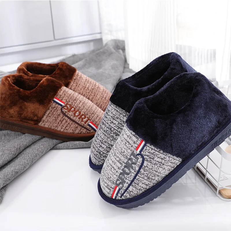 Winter Men's Slippers Large Size 45-50 Suede Gingham Shallow Warm House Slippers Man PVC Solid Soft Slippers Male